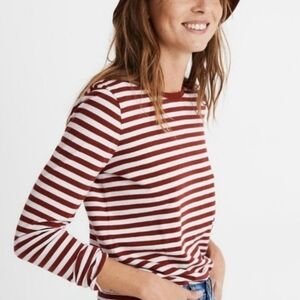Madewell Long Sleeve Cotton Crew Neck Tee in Mahogany and Ivory Stripe Size XS